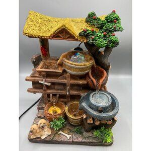 Rustic LED Tabletop Fountain With Water Mill, Dog Figurines & Tree Design 12x10